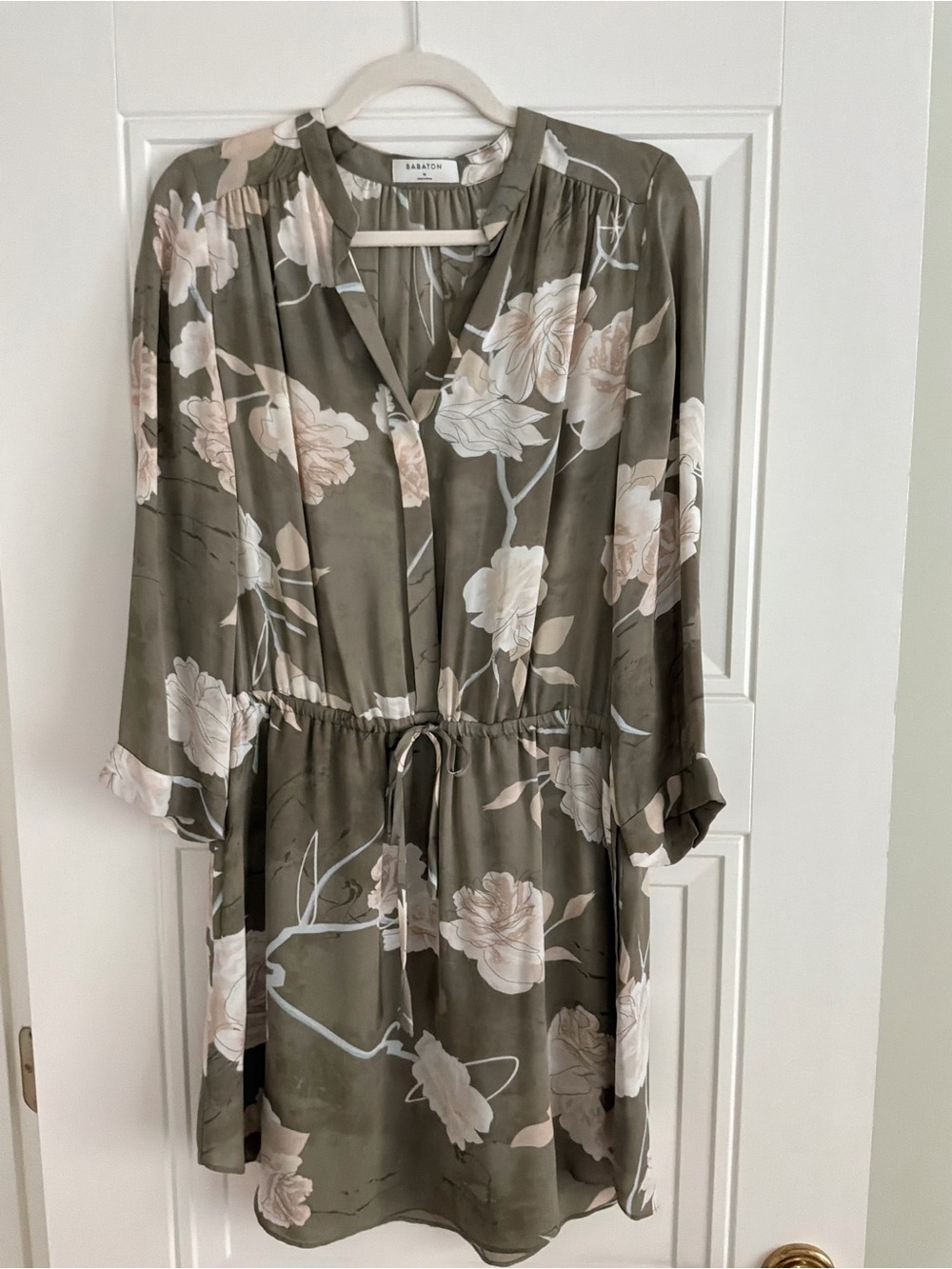 Babaton Olive Green Floral Drawstring Long Sleeve Dress